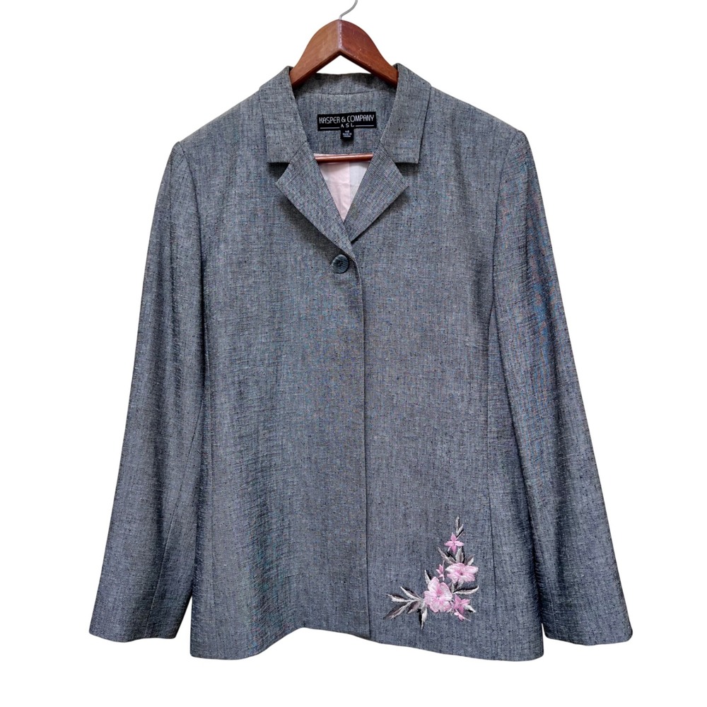 Kasper & Company Womens Gray Textured Blazer with Pink Floral Embroidery Size 14